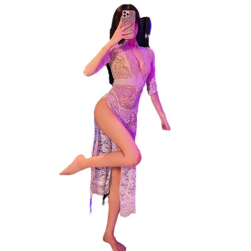 Sex Underwear Passion Lace Long Dress Temptation Cheongsam Retro Split Fork Slim Hip Wrap Sexy Hollow Pajamas