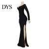 Slim Fit Dress Lady Evening V Neck Off Shoulder Side Slit Floor Length Long Ball Gown Sleeves Pleated Maxi Banquet Party Solid Color
