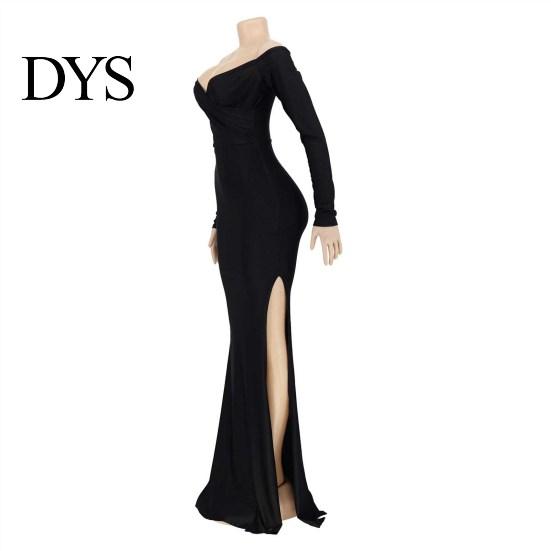 Slim Fit Dress Lady Evening V Neck Off Shoulder Side Slit Floor Length Long Ball Gown Sleeves Pleated Maxi Banquet Party Solid Color