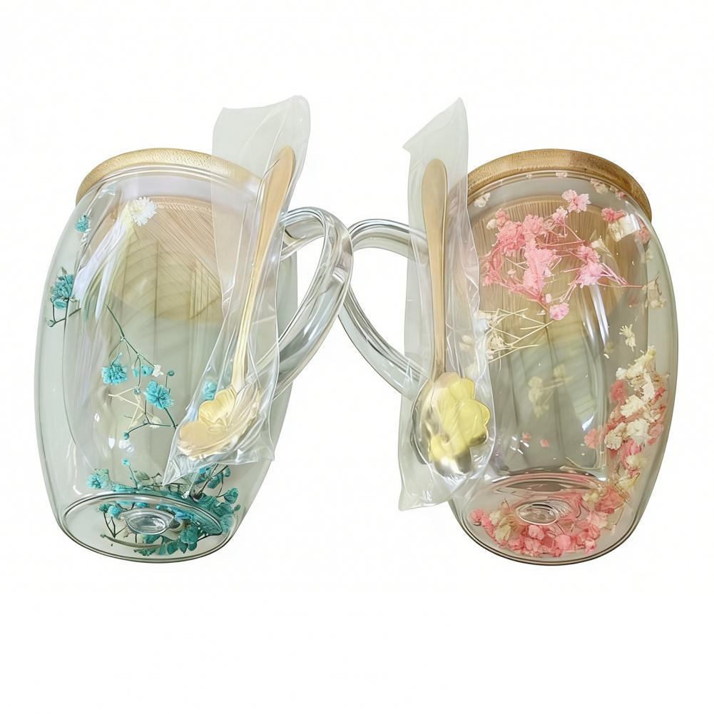 350ml Dried Flowers Double Wall Insulated High Borosilicate Glass Cup Double Walled Glass Cup Insulated Coffee Mug Drinking Cup