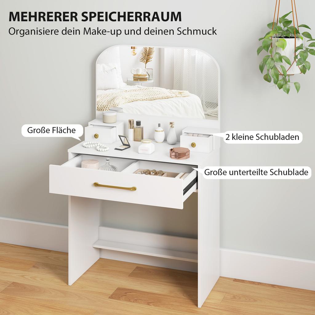 Vanity Table with Mirror, Compact Vanity Table with 3 Drawers, White