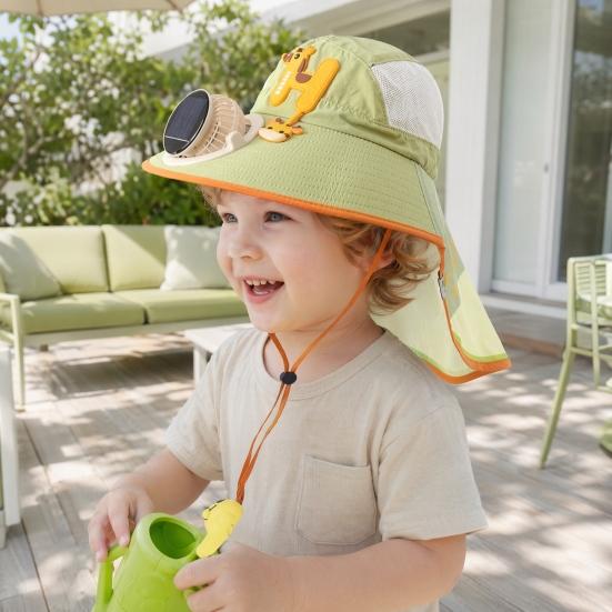 Kids Sun Cap with Built-in Solar Fan, Wide Brim Sun Protection Cooling Hat, Breathable Mesh Fabric Summer Hat with Cartoon Pattern, Shawl Design