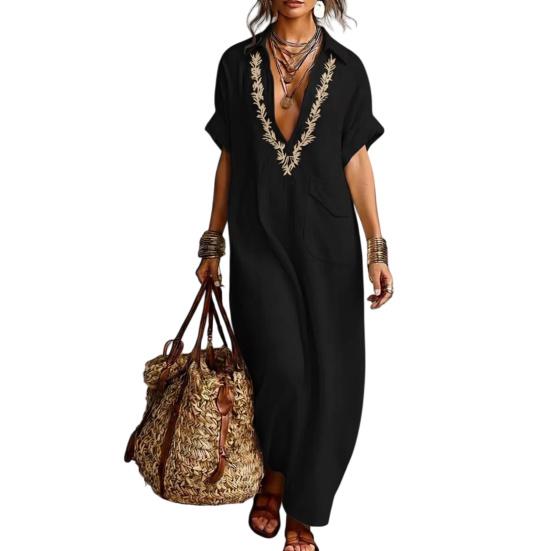 Sommer Baumwoll-Leinen Maxikleid für Damen Lässig V-Ausschnitt Kurzarm Fließendes Strand-Sonnenkleid Bestickte Tunika Langes Kleid mit Tasche