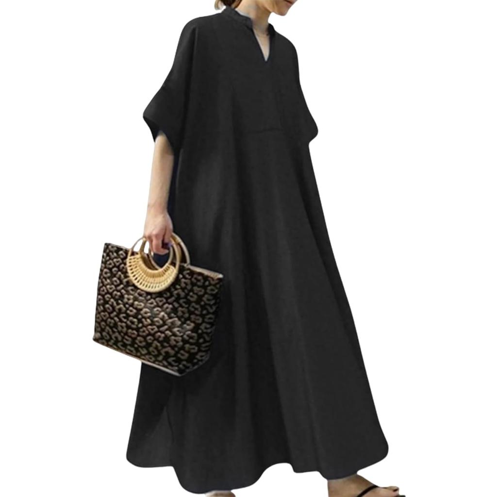 Kayiyas Long Dress Womens Short Sleeve Spring Summer Autumn V-Neck Loose A-Line Pure Cotton Body Covering Slimming