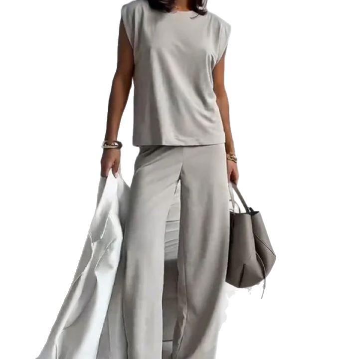 2025 European & American Autumn/Winter Women's Sleeveless Solid Casual T-Shirt and Wide-Leg Pants Set
