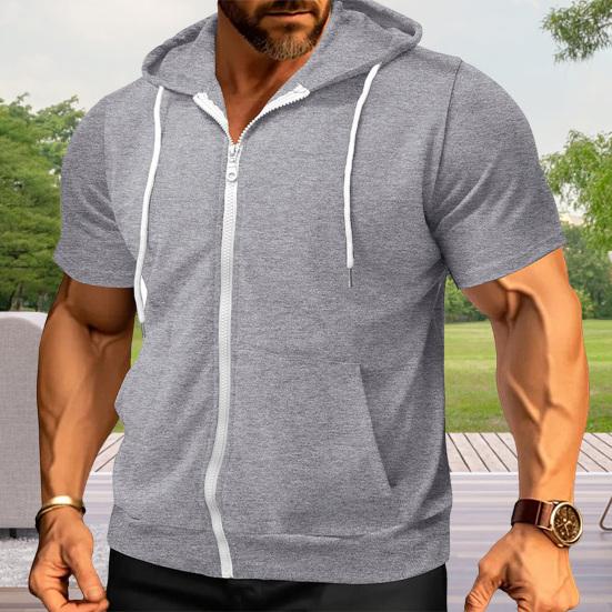 Pánské tričko s kapucí na zip Letní tričko s krátkým rukávem Mikina Jednobarevné Tričko na zip s kapsami pro každodenní sport Street Gym