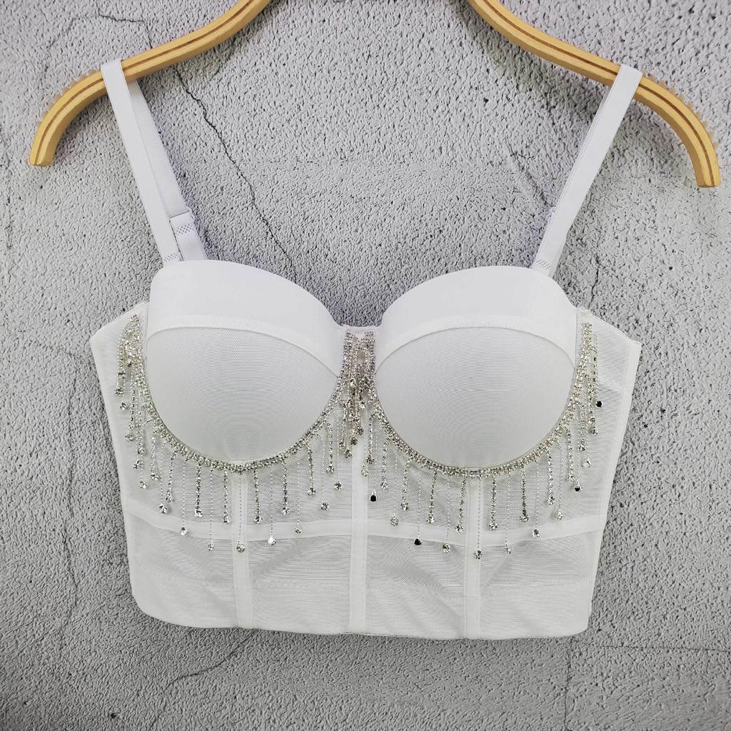 Beaded Diamond-embellished Mesh Fringe Mini Tank Top Cute and Sexy Slim-fitting Outerwear Strapless Top for Women Camis & Tank Tops