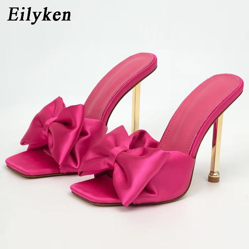 Fashion Eilyken 2025 New Arrival Silk Butterfly-knot High Heels Women Slippers Sandals Square Toe Party Mule Slides Shoes