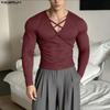 INCERUN Men Long Sleeve V Neck Bandage Fitted Casual Undershirts Tops T-shirts