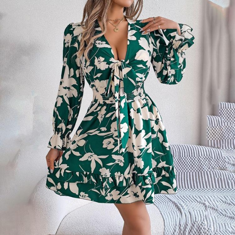 Autumn Winter Women Lace Up Print High Waist Long Sleeve Pleated Dress Elegant Fashion
