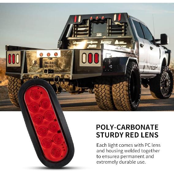 2PCS 6 Inch Oval Red LED Trailer Tail Lights, 10 LEDs Stop/Turn/Brake Lights With Surface Mount Grommets, DOT Certified IP67 Waterproof For Truck RV