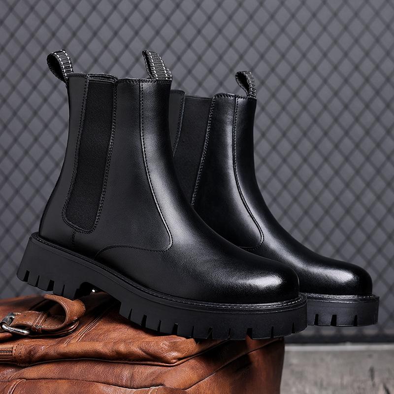 Black Martin Boots Men's Autumn and Winter Trend British Style Chelsea Boots High Top Leather Shoes Men's