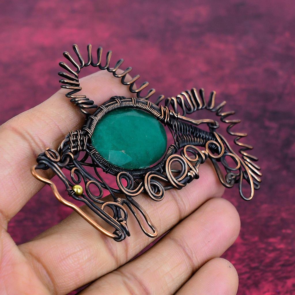 Faceted Zambian Emerald Gemstone Pendant Copper Wire Wrap Rabbit Handmade Jewelry