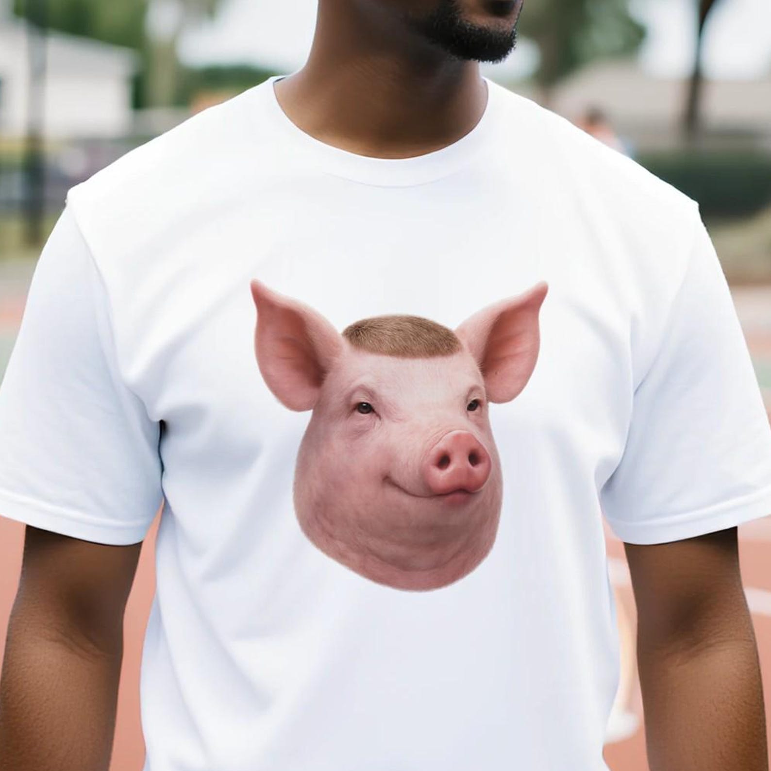 Surreal Pig Buzz Cut T-Shirt | Funny Absurd Meme Tee | Hyper Realistic Pig Head Shirt | Weirdcore Animal Graphic Tee M