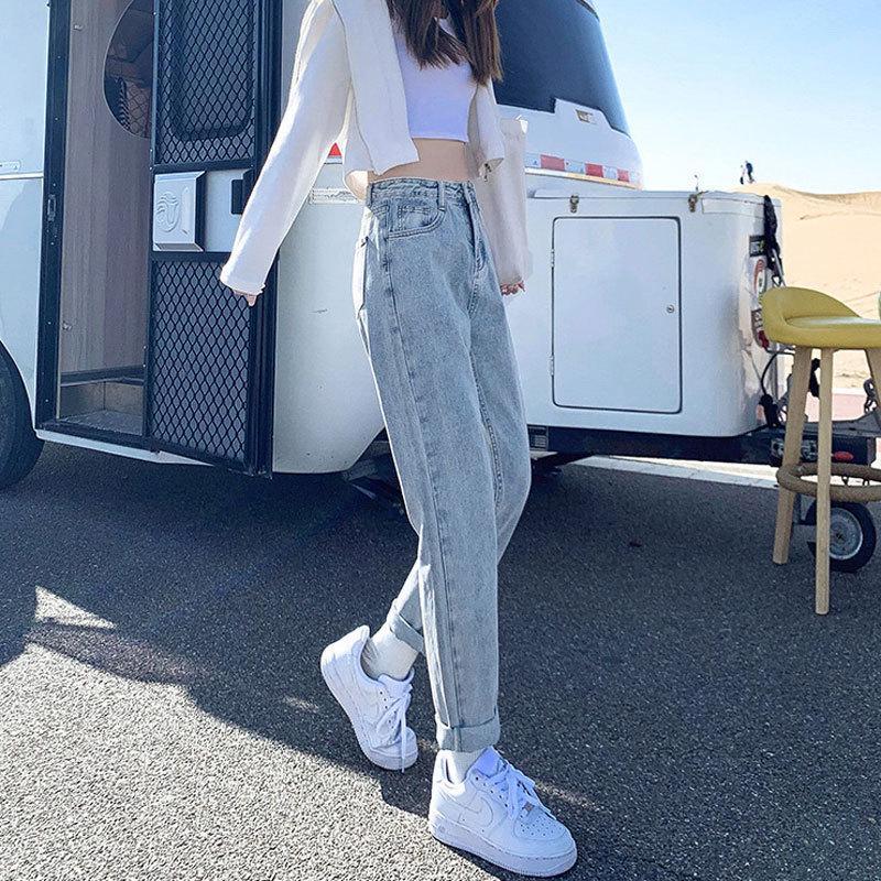 High-Waisted Fleece-Lined Korean Style Jeans for Petite Women, Autumn/Winter, Loose Fit, Straight Leg, Harem Carrot Cut.