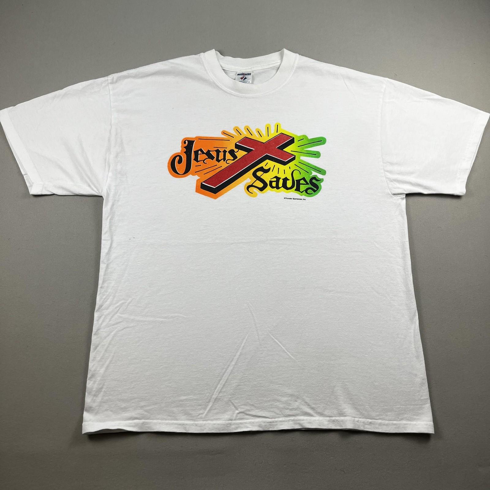 Vintage Jesus Saves T-Shirt Mens XL White Christian Christ Cross Religion Bible L