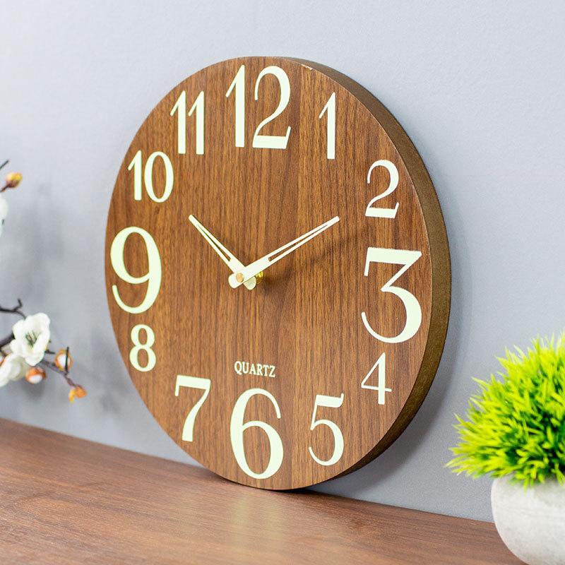 Luminous wooden wall clock, silent  wood grain, creative and light luxury style, living room simple quartz clock, 30cm