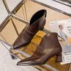Pointed short boots women's thick heel leather horsehair brown retro short boots high heel leather boots autumn and winter new high-top shoes women