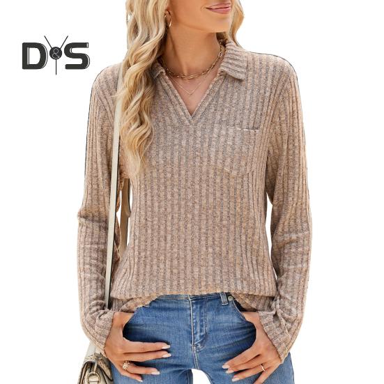 Pull Femme Revers Col V Design Poche Poitrine Manches Longues Couleur Unie Tricot Tops Maille Côtelée Pull Décontracté