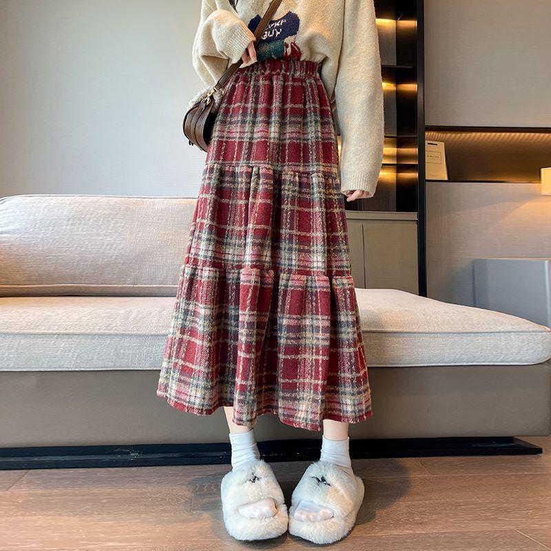 

Retro Red Plaid Woolen Midi Skirt with Elastic Waist and Big Swing Large