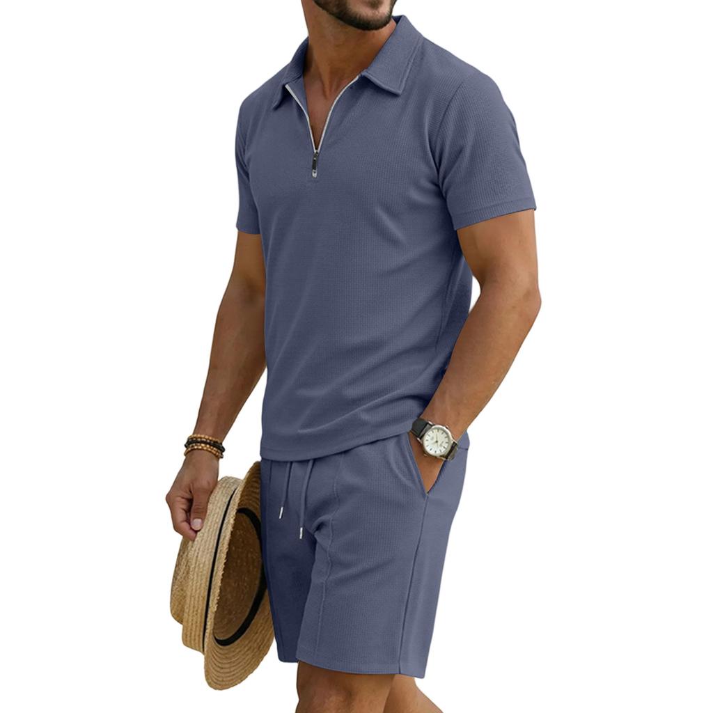 Men's Short Sleeve Polo Shirt and Shorts Set with Pockets Summer Casual Sportswear Lightweight Breathable Waffle Knit Fabric