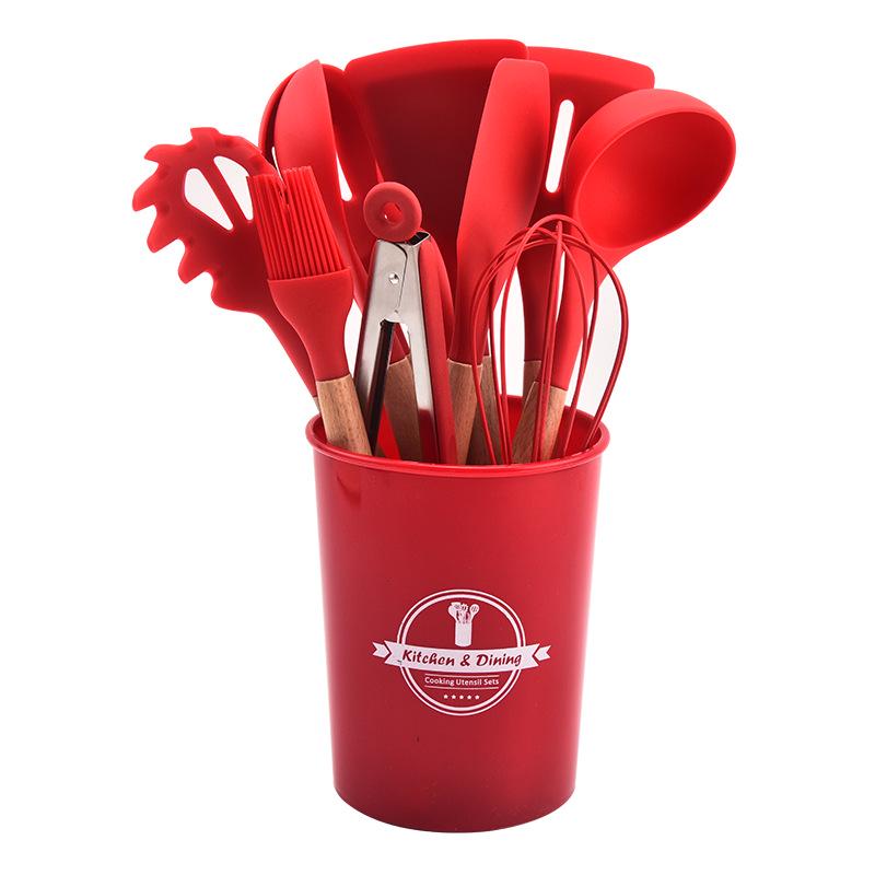 12-teiliges Silikon-Küchenutensilien-Set mit Holzgriffen und Aufbewahrung