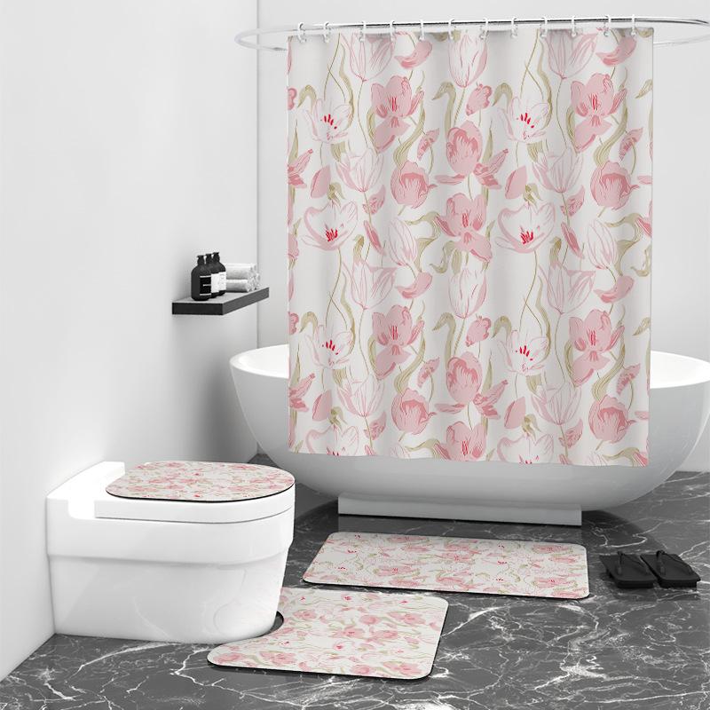 Flower and Grass Texture Digital Printing Shower Curtain Bathroom Blocking Waterproof Curtain