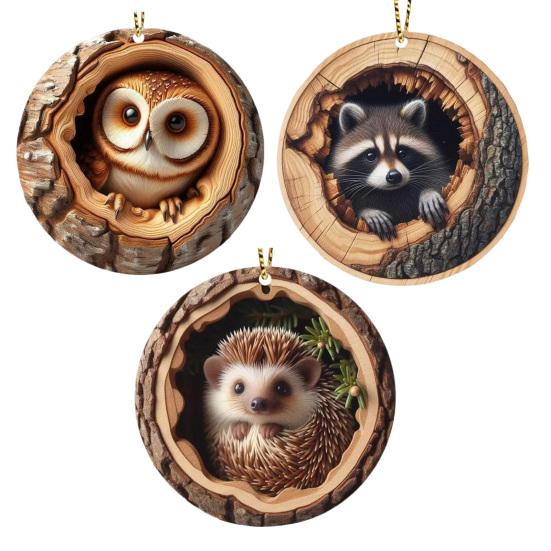 Animal Christmas Ornament Rustic 2D Acrylic Hanging Decoration Round Forest Animal Ornament