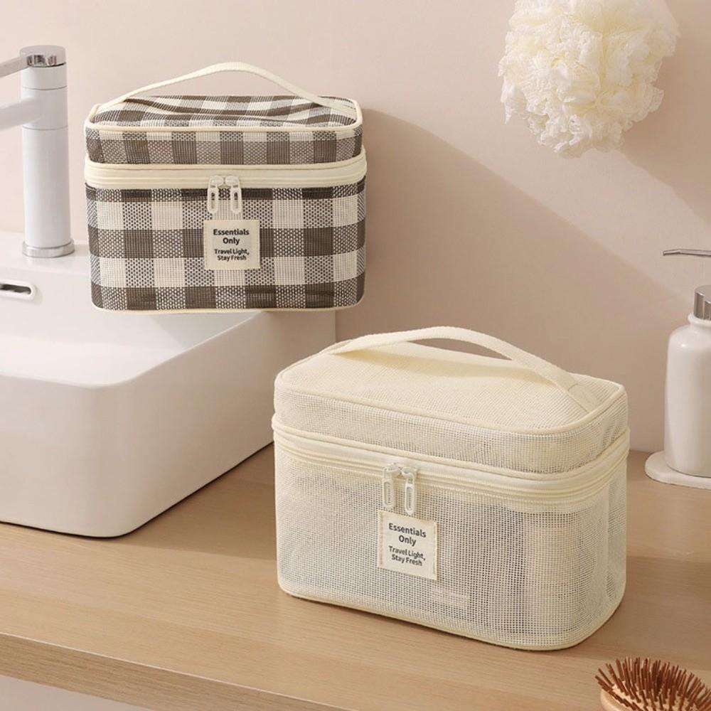 Lightweight Mesh Makeup Bag Zipper Large Capacity Transparent Mesh Cosmetic Bag Handheld Square Toiletry Storage Bag