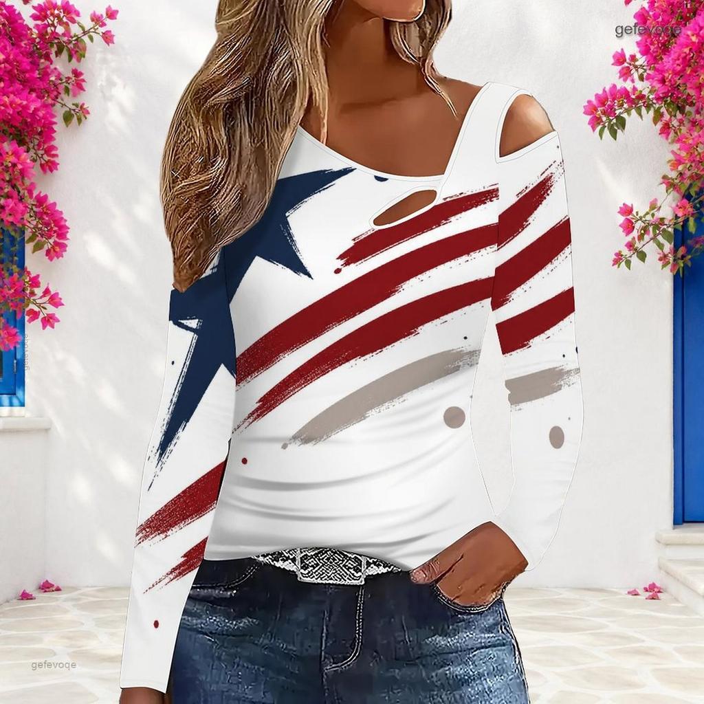 Women Plus Size Asymmetric Cutout Neck Cold Shoulder Long Sleeve Eagle Star Stripe Print Shirt
