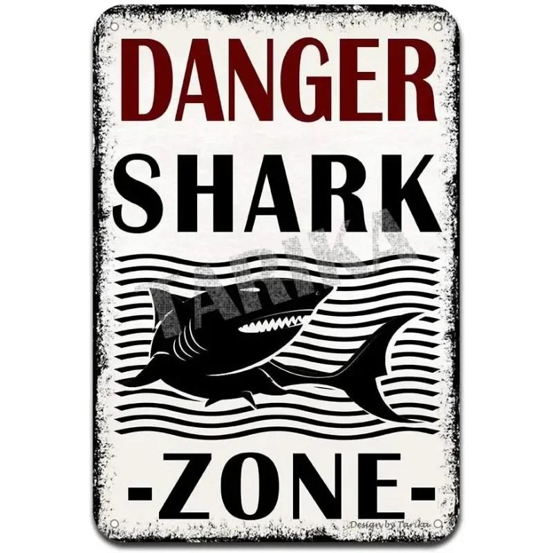 Retro Shark Warning Metal Sign Painted Plaque Perfect for Courtyard Manhole Swimming Pool and Wall Mural Decor