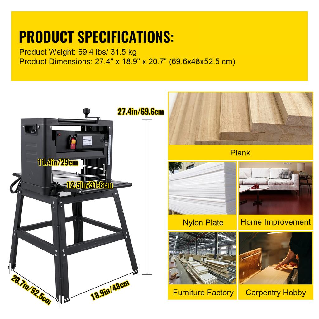 SucceBuy Electric Planer 12.5/13 Inch Thicknesser Wood Planer With Stand & Dust Exhaust 1800W 8000RPM for Woodworking Power Tool