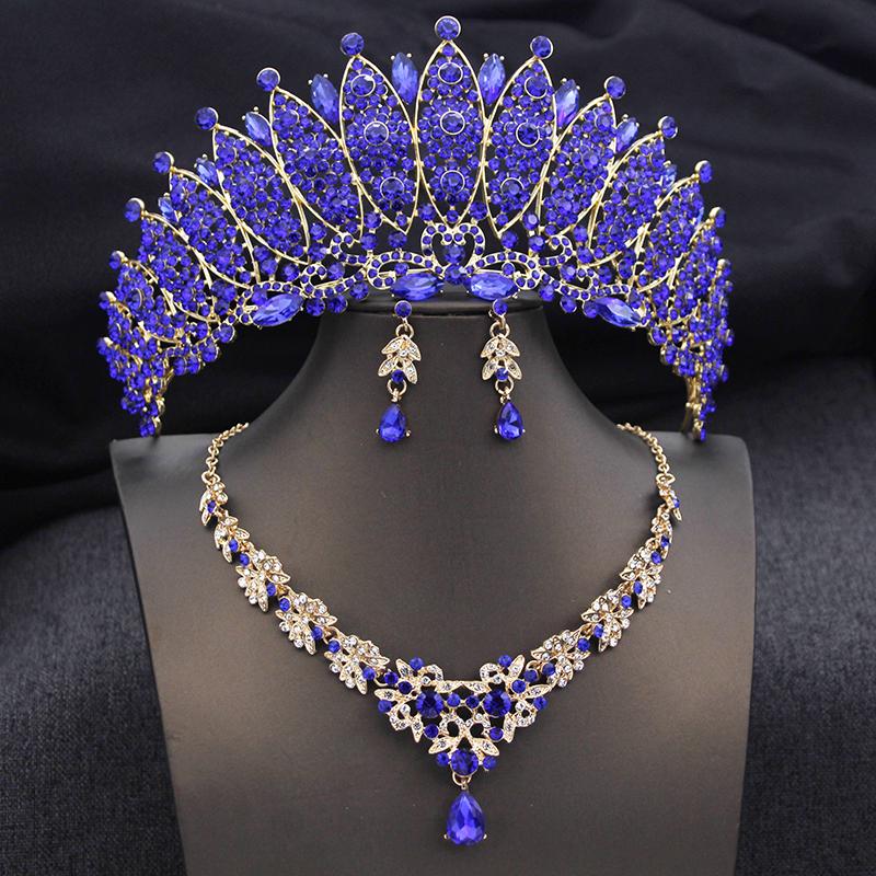 Royal Queen Champagne Tiaras and Crowns Bridal Jewelry Sets for Women Wedding Crown and necklace earrings Tiara Set Accessories