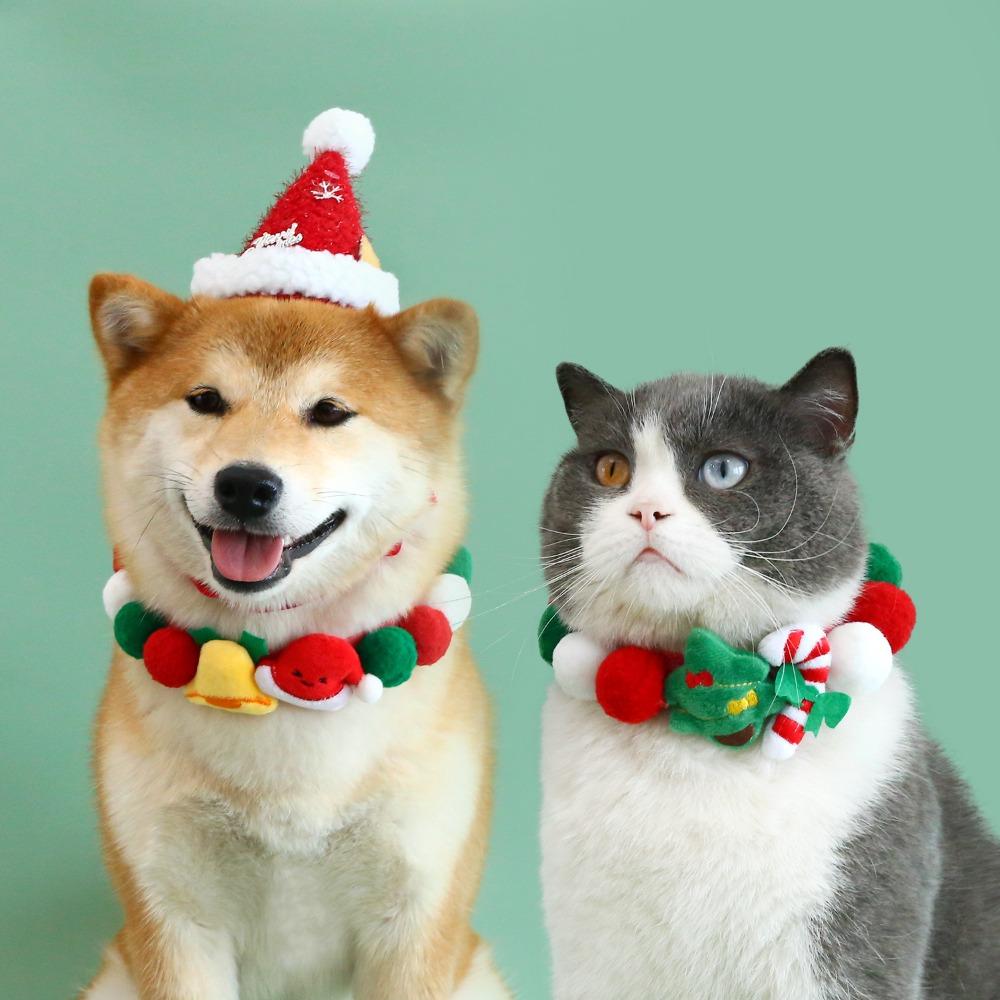 2pcs Soft Christmas Cat Collar Adjustable Dog Bib Decorative Chain Pet Ball Collar  Party