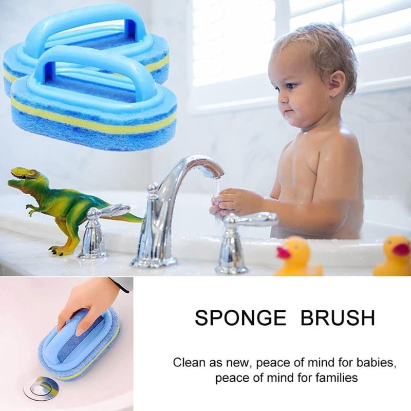 2pcs Handle Sponge Cleaning Brush Stains on Wall Floors and Tiles in Kitchen or Bathroom Household