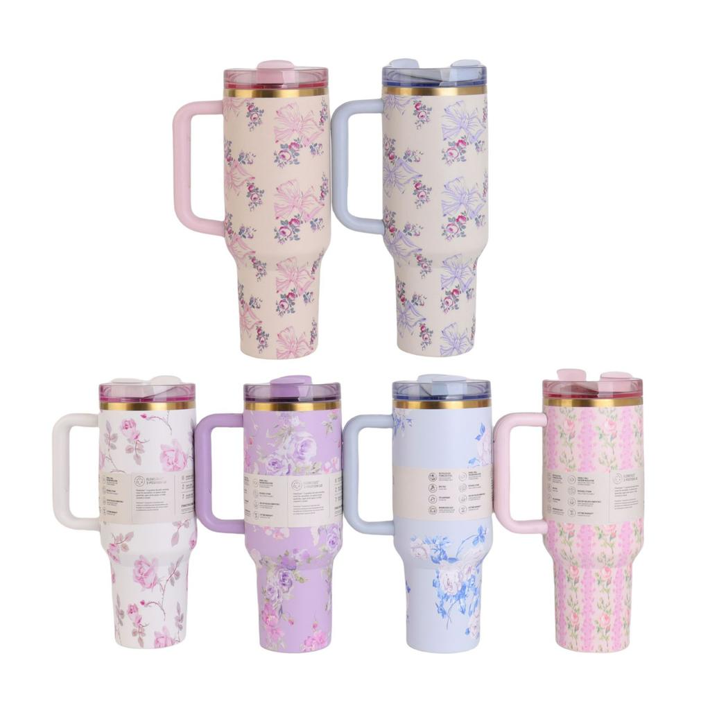 Taza Bingba de 40 oz Serie Flor Impresión 3D Doble Asa para Coche Acero Inoxidable 304 Taza para Coche