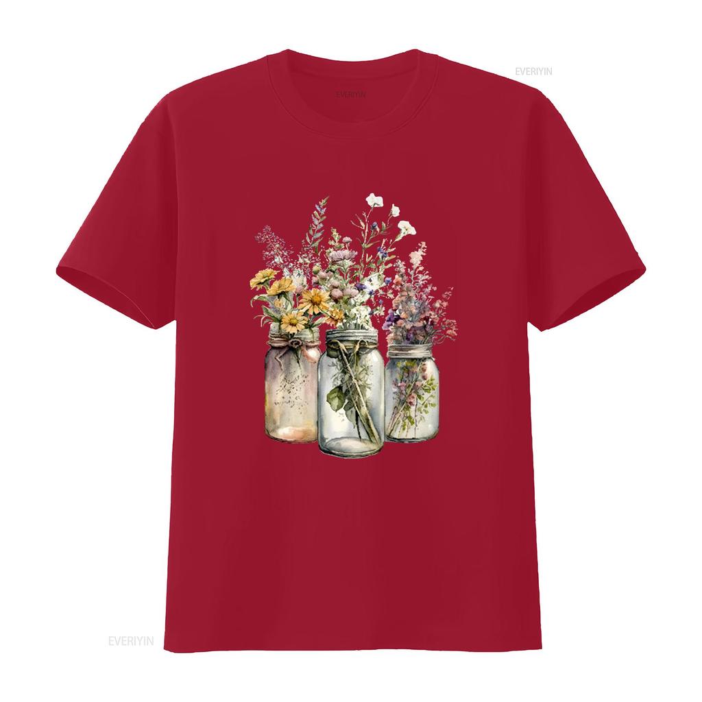 Mason Jar Wildflowers 5 Different Designs Ladies T Shirt Small 2xl 4 Colours Vintage Washed Casual Breathable Slightly Homme
