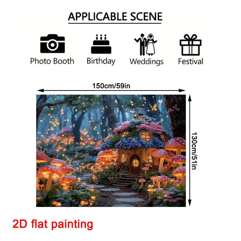 2D Dreamy Enchanted Forest Backdrop, Magical Mushroom House & Butterflies Art