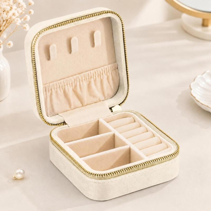 Travel Jewelry Case with Fabric Exterior, Wraparound Zipper, Base Compartments, Ring Rolls, and Elasticized Lid Pocket