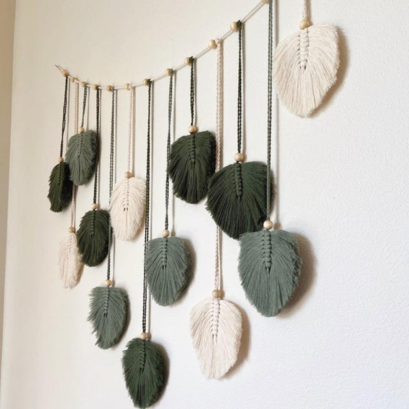 1pc Green Leaves Garland Macrame Wall Art Above Bed Decor Boho Home Decor Mid Century Modern Living Room Wall Decor Plant Mom Gift