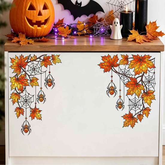 Removable Vinyl Window Decals 2Pcs Stained Glass Style Film, Hanging Vine Stickers, Christmas Weather Resistant Halloween Static Clings for