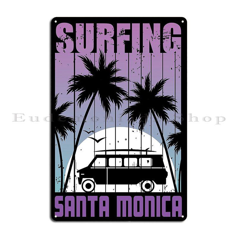 Пляж Санта-Моника Калифорния Солнце и Серфинг Металлическая Табличка Пещера Дом Клуб Дизайн Клуб Жестяная Табличка Постер 20x30cm