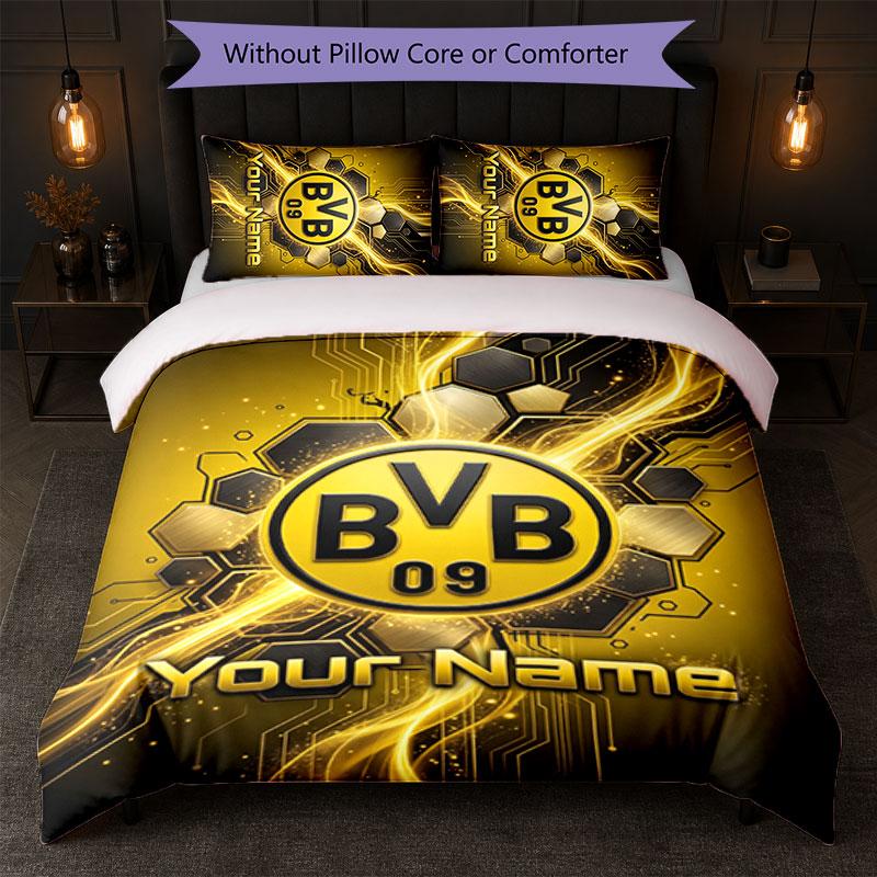 Borussia Dortmund Custom Name Text Bedding Set 1 Duvet Cover+2 Pillowcases Soccer Logo Personalized Gift For Special Occasion Bedroom Decor
