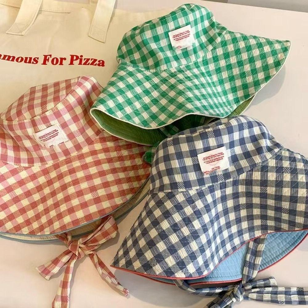 Two-sided Plaid Bucket Cap Tie Strap Fisherman Caps Korean Sunscreen Hat  Outdoor