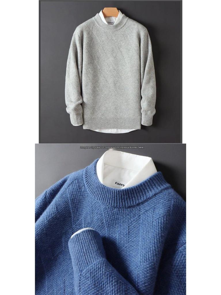 Pánský volný silný žakárový vlněný svetr s kulatým výstřihem - Podzimní/Zimní kolekce