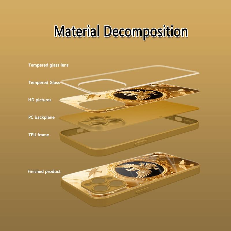 Adler Goldenes Flugzeugmuster Metallische Farbe Gehärtetes Glas Handyhülle Für iPhone 11 12 13 14 15 16 17 Pro Max Plus 17Air 16E Hülle