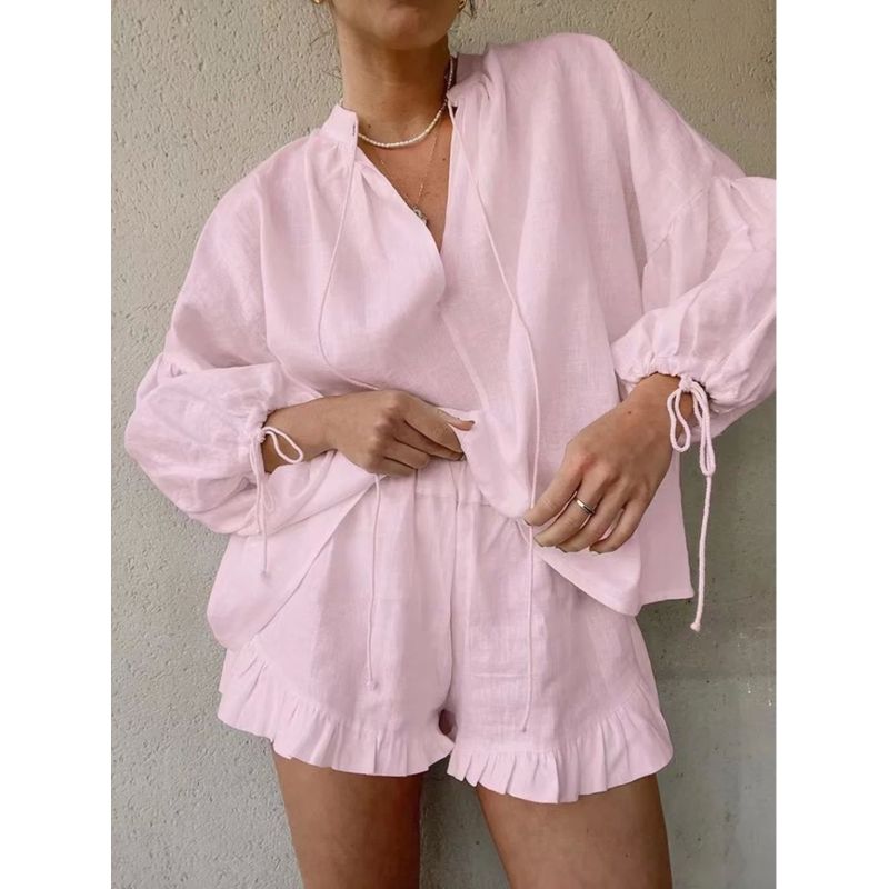 V-neck Lantern Sleeve Shorts Two-piecesetV Collar Lantern Sleeve Shorts Two-piece Set