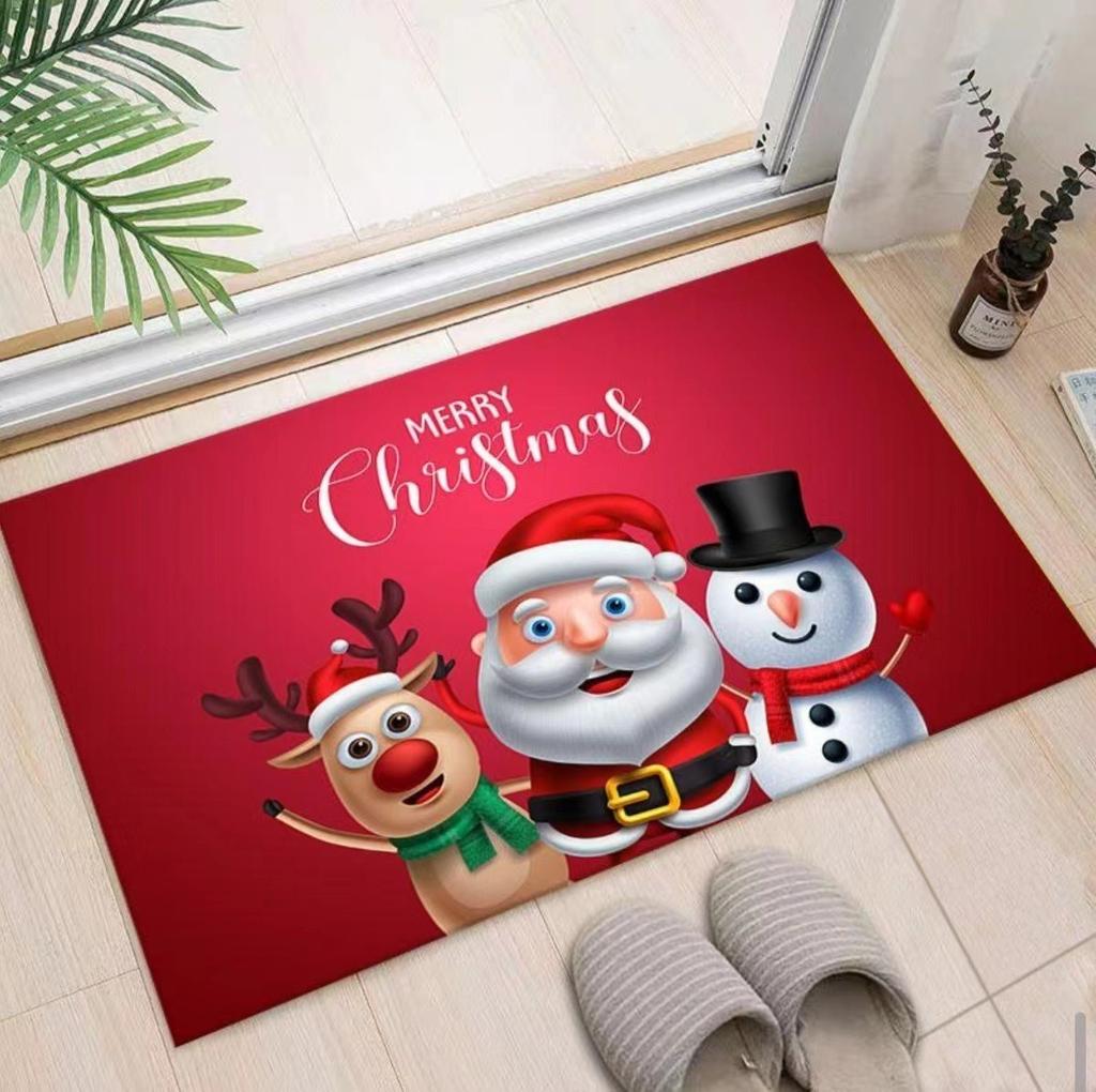 Christmas Themed Door Mat with Santa Claus Elk Snowman Pattern Non Slip Absorbent Indoor Outdoor Welcome Mat for Home Decor