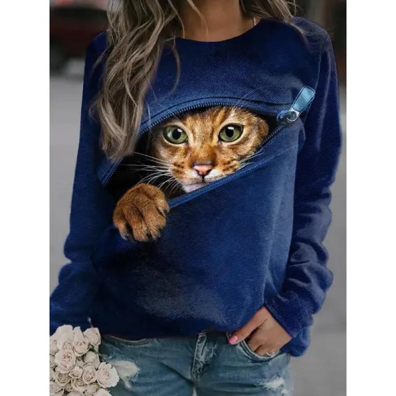 Spring and Autumn Round Neck Casual 3D Cat Print Cute Little Fresh Sweatshirt Women's Casual Home Wear Versatile Women's Hoodie