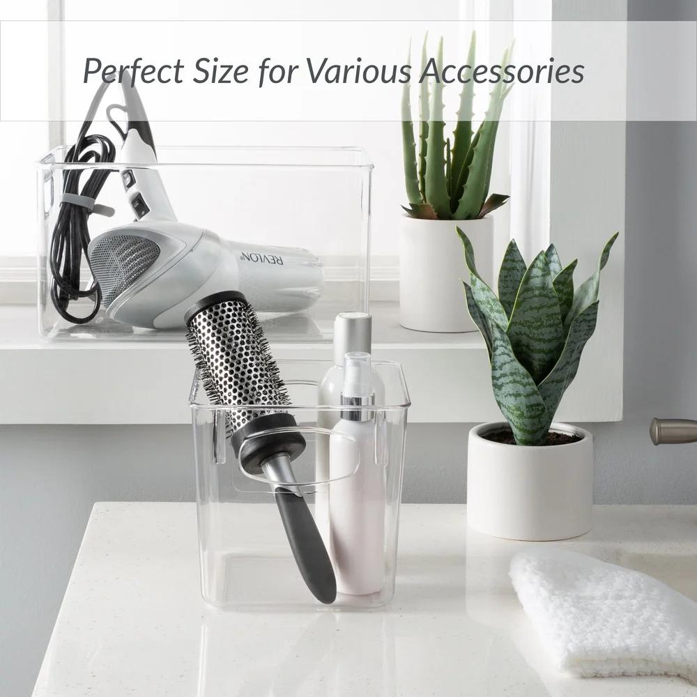 Square Clear Plastic Storage Organizer Basket Home Office Bathroom Jewelry and Cosmetic Accessories with Easy Grip Handle